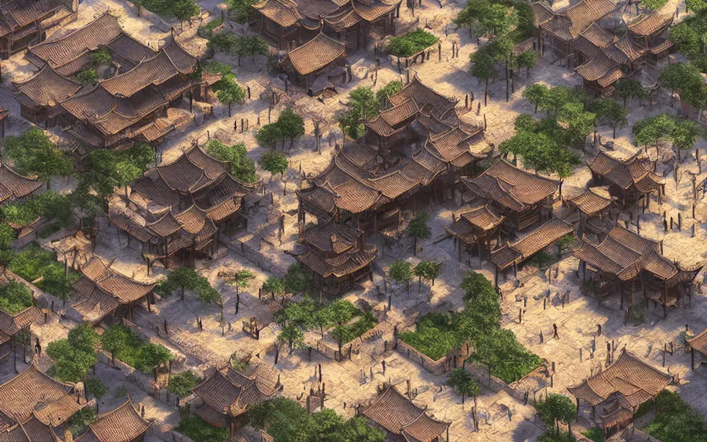 Image similar to the square of a medieval chinese village with a well in the center, arches, orange light, highly detailed, cinematic lighting, render, fantasy