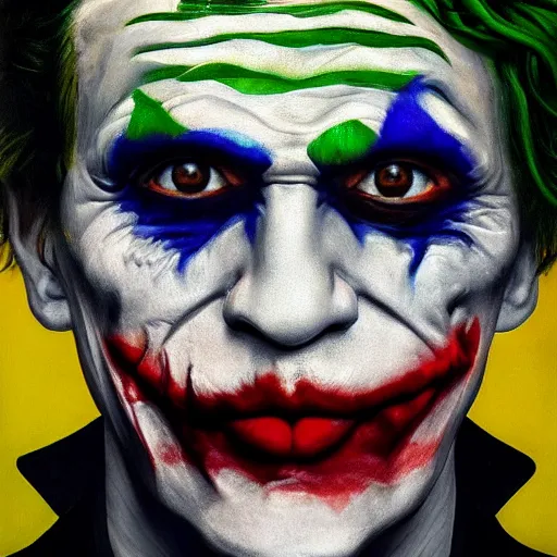 Prompt: Intricate five star Joker facial portrait by Pablo Picasso, oil on canvas, HDR, high detail, Photo realistic, hyperrealism,matte finish, high contrast, 3d depth, masterpiece, vivid and vibrant colors, enhanced light effect, enhanced eye detail,artstationhd