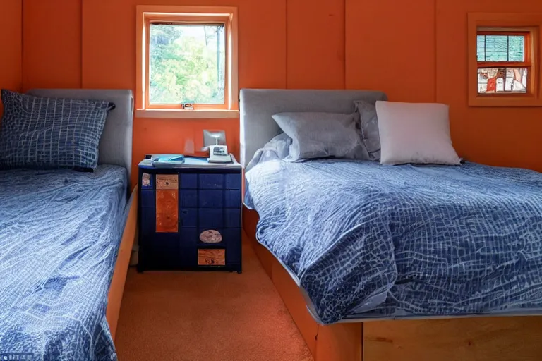 Image similar to a 10 by 11 foot room with a bed, desk, two wooden wardrobes, a little side table in a light wood veneer, a window, desk fan, table light, and an old TV, navy blue low pile carpet, and a ceiling fan gives off a dim orange light