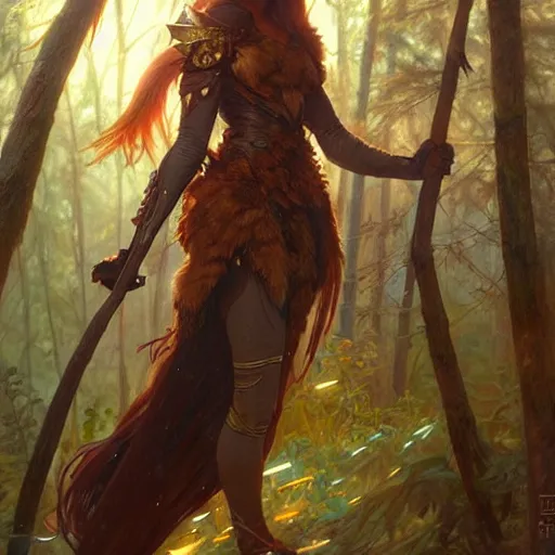 Image similar to photo of a humanoid fox were a heroic dress an armour in the forest, long hair, highly detailed, digital painting, artstation, smooth, sharp focus, illustration, art by artgerm and greg rutkowski and alphonse mucha