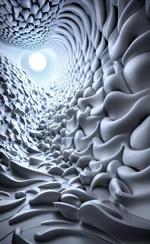 Image similar to highly detailed ultra sharp 3 d render cinematic composition of a smooth ceramic porcelain magnolia stone nebula biomorphic fluid fractal sci - fi surreal architecture landscape, metallic, white marble, foliage, vincent callebaut composition, mamou - mani, archviz, beautiful lighting, 8 k, unreal engine, hdr,