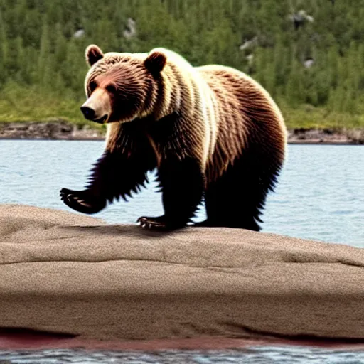 Prompt: a grizzly bear wearing a tuxedo walking on its hind legs, cinematic, realistic