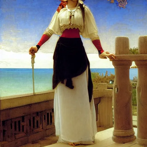 Image similar to A girl with jester hat and clothes on the front of a Balustrade with a beach on the background, major arcana clothes, by paul delaroche, alphonse mucha and arnold böcklin arnold böcklin hyperrealistic 8k, very detailed