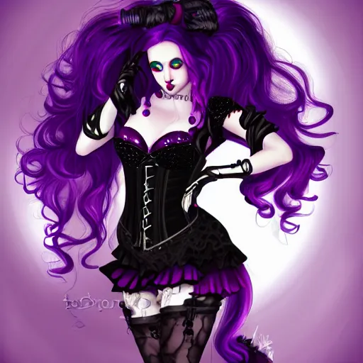Prompt: full body art of a pretty woman, purple hair, black corset, tartan skirt, black gloves, black lipstick, digital art, fantasy art, 4k,