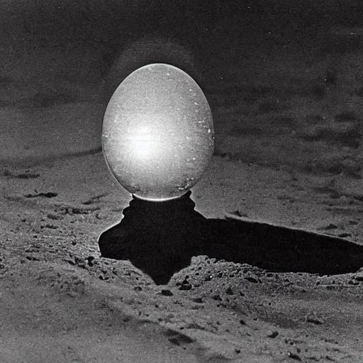 Prompt: an early 1 9 0 0 s photograph of an alien hatching from a levitating luminescent alien egg on the beach, moonlight, at nighttime,