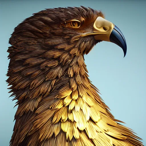 Prompt: A tyrex with golden feathers, hyperrealistic portrait, Unreal Engine, Octane, studio light