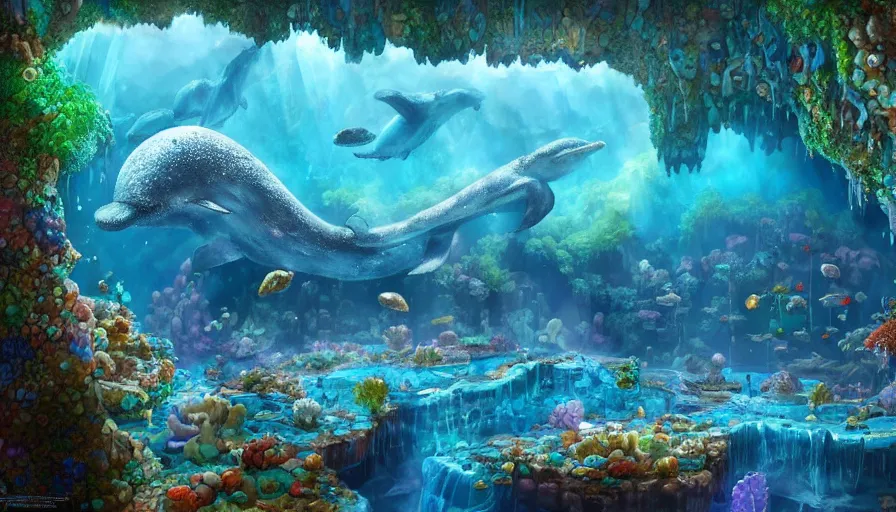 Image similar to underground aquarium comprised of pearlstone and pearlsand along with crystal shards and gelatin crystals in terraria, coral reef, giant blue whale levitating with a couple dolphins around, by wlop, very detailed, art fantasy by craig mullins