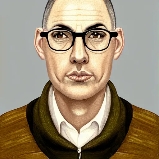 Prompt: 50 year old greying brunette man with very short hair, buzz cut, round round round face round face round face, square face, round jaw, wide chin , romanian, silver silver glasses, romanian heritage, brown eyes, brown eyes, olive skin, round nose, round chin, clean shaven wide face, thin lips, digital art, painterly, painting, 8k, illustration, beautiful, art by loish, painterly, trending on artstation, medium shot, uncropped