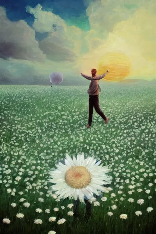 Prompt: giant white daisy flower as head, man dancing in a flower field, surreal photography, sunrise, dramatic light, impressionist painting, colorful clouds, digital painting, artstation, simon stalenhag