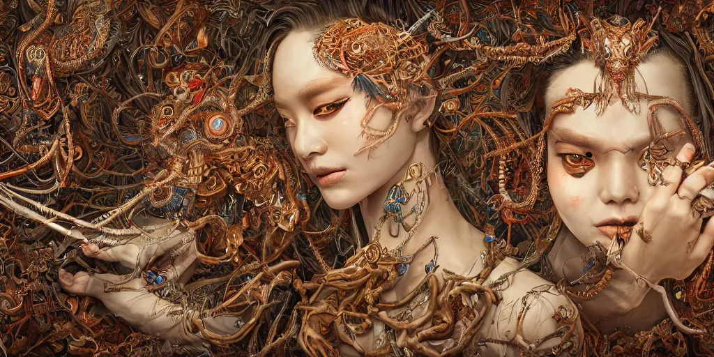 Image similar to hyperrealistic photography of a highly detailed and symmetrical gorgeous nepalese female demigorgon deconstructing a poetry machine in the style of Jin Kagetsu, James Jean and wlop, highly detailed, face symmetry, masterpiece, award-winning, sharp focus, intricate concept art, ambient lighting, 8k, artstation