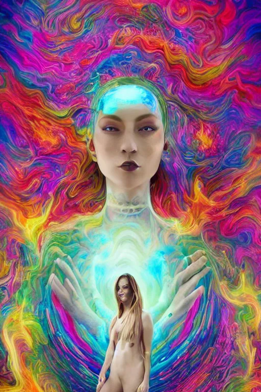 Image similar to overdetailed maximalist fullbody portrait of a beautiful female energy being transcending to her true form while floating over a surreal landscape. Made by oozium, inspired by silvio vieira, overpainted by loish. 8k 3d realistic render. Bright, sacred, spiritual, dawn, backlit, calm, relaxed, dynamic, ethereal, arcane, intricate, mysterious, dramatic, cinematic. Seen from below overpainted by erica robin and cameron gray