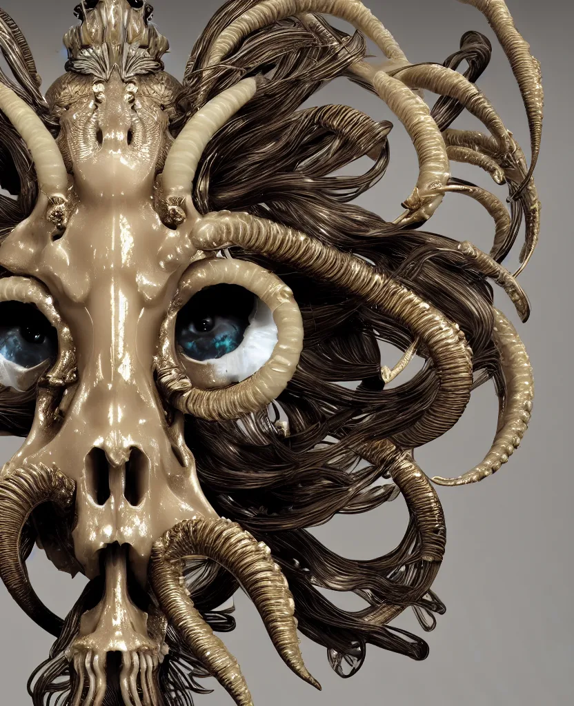 Image similar to goddess princess face close-up portrait ram skull. sculpture made of polished gold and matte obsidian. jellyfish phoenix head, nautilus, orchid, skull, betta fish, bioluminiscent creatures, intricate artwork by Tooth Wu and wlop and beeple. octane render, trending on artstation, greg rutkowski very coherent symmetrical artwork. cinematic, hyper realism, high detail, octane render, 8k