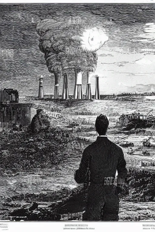 Prompt: 19th century wood-engraving of a man looking at a nuclear powerplant in the background, whole page illustration from Jules Verne book, art by Édouard Riou Jules Férat and Henri de Montaut, high quality, beautiful, removed watermarks