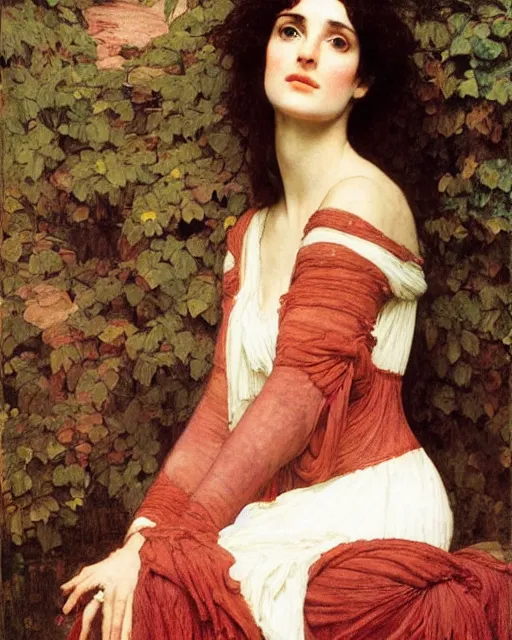 Image similar to portrait en buste of winona ryder in repose by John William Waterhouse, Frederic Leighton, true-to-life, flowing realistic fabric, abundant detail