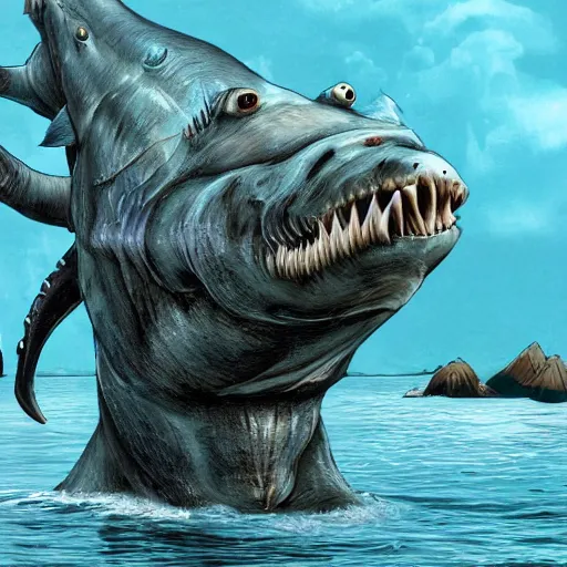 Image similar to hyper realistic sea monster with harpoons sticking out of it's skin