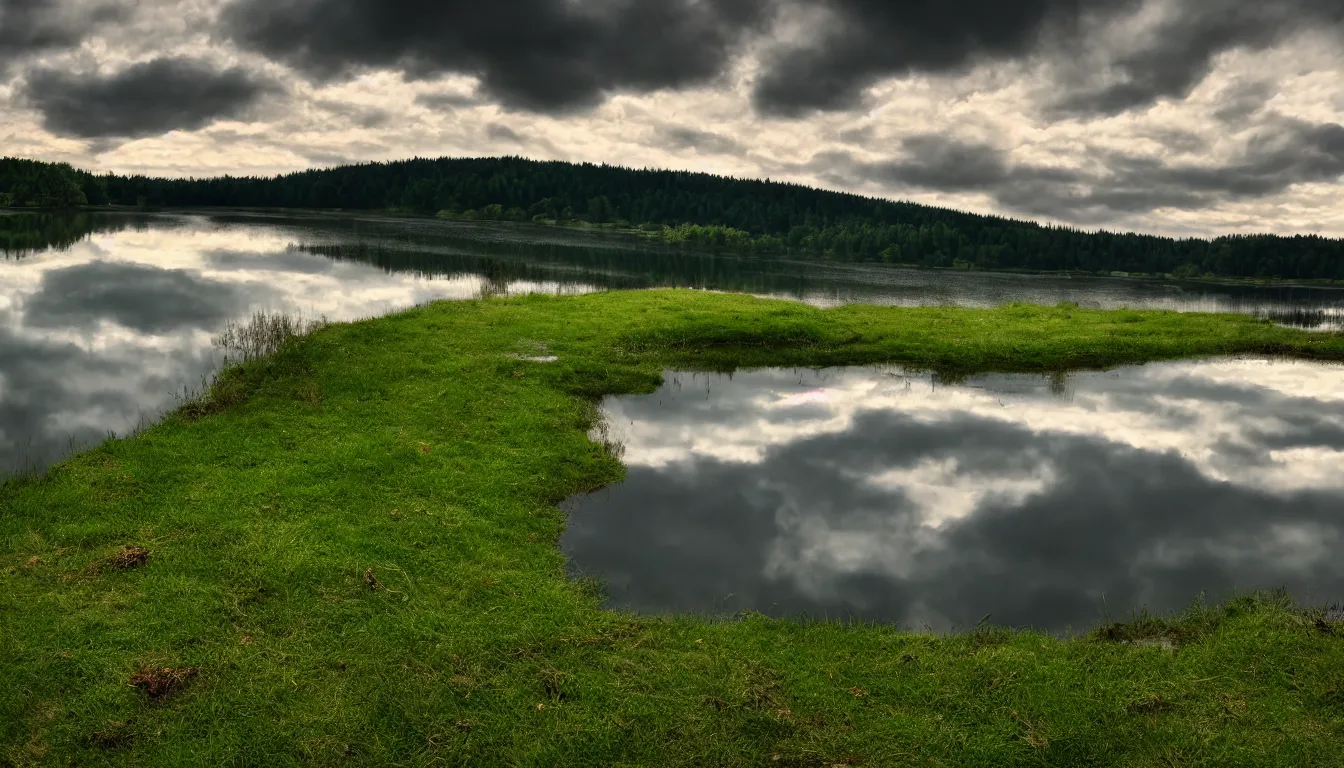 Prompt: eastern european, small lake view from grassy hill, shore, cloud reflections, nature, atmospheric, scary, claustrophobic, ambient vibe, very detailed, high resolution, 8 k