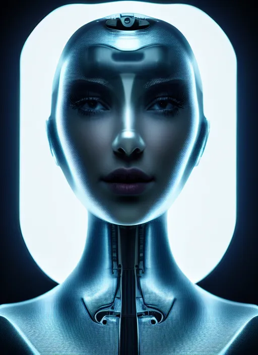 Image similar to a beautiful young female futuristic robot profile face, daguerrotype, closeup - view, f / 2. 8, low contrast, 1 6 k, x - ray, beautiful lighting, reflective, in a symbolic and meaningful style, surreal dreamy poetic