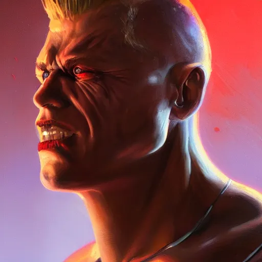 Prompt: a closeup portrait of duke nukem, dramatic lighting, chiaroscuro, high detail, painted by greg rutkowski, painted by igor kieryluk, painted by bobby chiu, trending on artstation