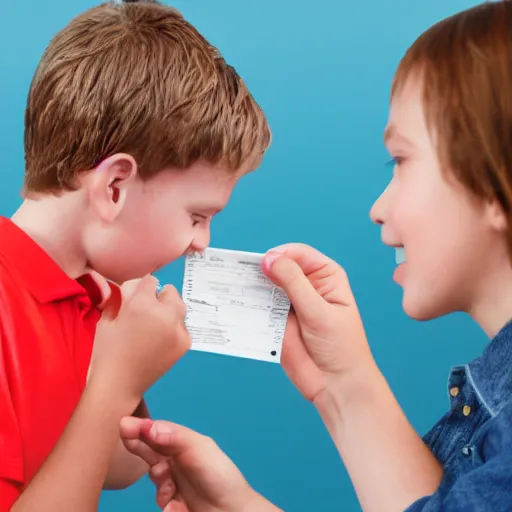 Image similar to a child exchanging a ticket for a coin from an adult, photorealistic