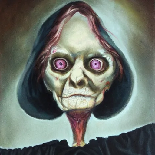 Image similar to creepy old cursed witch watching you sleep, eerie, haunted, oil painting