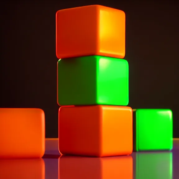 Image similar to a 3 d render of a stack of green cubes on the left and an orange ball on the right in a red room, blender, ue 5, octane render, trending on artstation