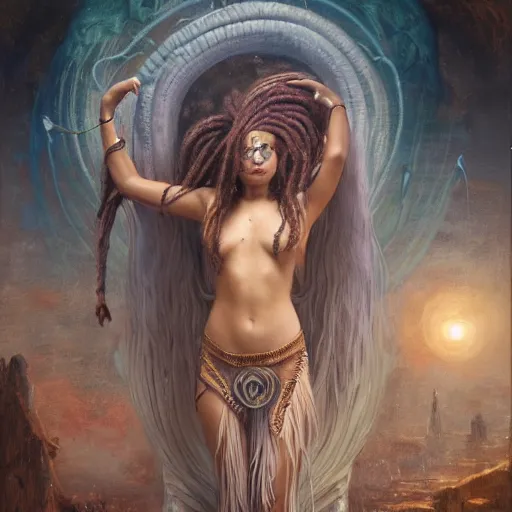 Image similar to birth of mami wata, sumerian goddess inanna ishtar, ashteroth, techno mystic goddess princess intergalactica, with aqua neon rapunzel dreadlocks, mami wata, detailed, by gaston bussiere, bayard wu, greg rutkowski, giger, maxim verehin, greg rutkowski, masterpiece, sharp focus,