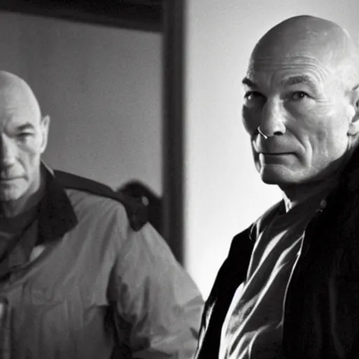 Prompt: a photo of a house burning down in the background and patrick stewart with an eerie expression in the foreground, strong depth of field