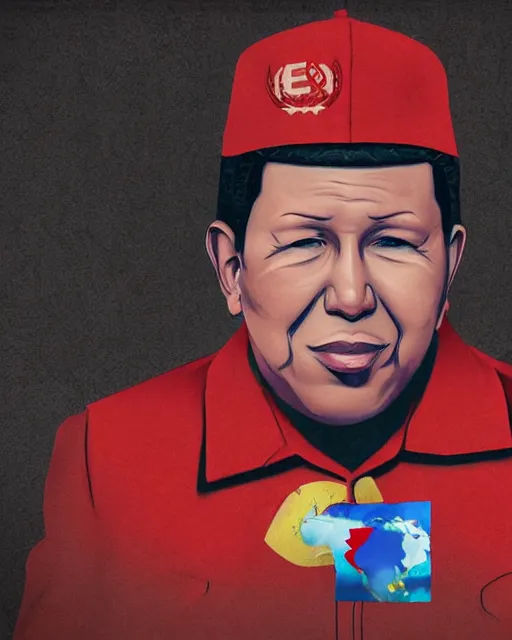 Image similar to Digital presidential anime art of Hugo Chavez by A-1 studios, serious expression, empty warehouse background, highly detailed, spotlight