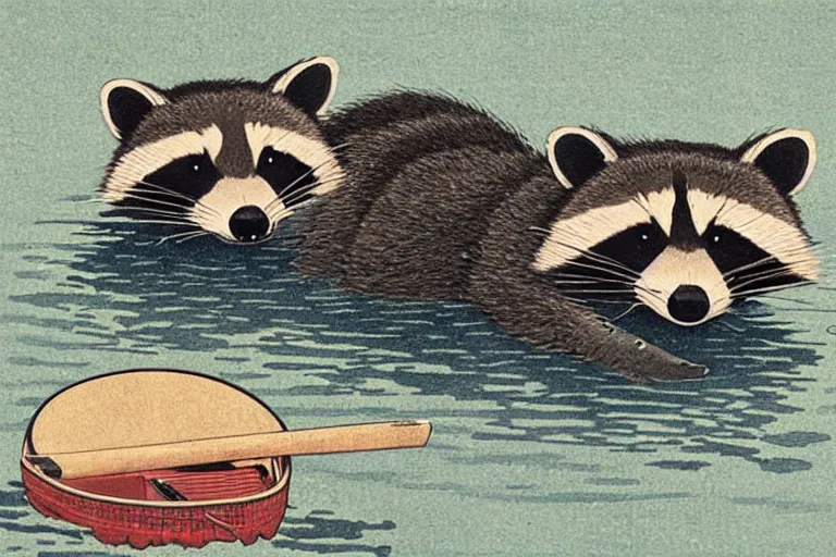 Image similar to raccoon in kimano swims floats on a boat on the waves, Hasui Kawase