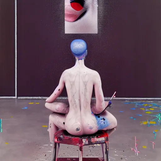 Prompt: portrait of a morphed gamer sitting on a stool looking into a mirror doing makeup by james jean and luc tuymans and beeple and hernan bas and pat steir and hilma af klint, psychological, 3 d, dripping paint, monochrome, high quality render, masterpiece