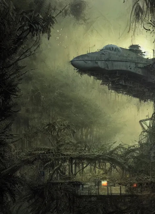 Image similar to huge aircraft carrier, USS Nimitz, overgrown with vegetation laying on the ground of a tropical forest, rotten, rusty, post appocalyptic illustration by Luis Royo, by Greg Rutkowski, dark, gritty, intricate, cover illustration, concept art, volumetric lighting, volumetric atmosphere, sharp focus, octane render, trending on artstation, 8k