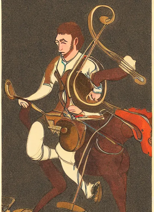 Image similar to illustration of gordan freeman as a bard, playing a lyre and riding a horse by greg rutkowki, bayard wu