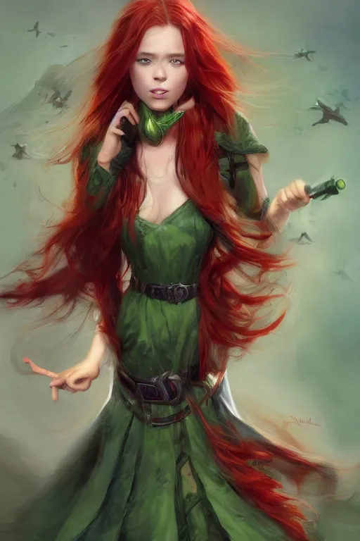 Prompt: beautiful cute red haired joyful and playful 1 9 year old maiden standing up in a green dress, long hair, rpg character, sci - fi, fantasy, intricate, elegant, digital painting, artstation, concept art, smooth, 8 k frostbite 3 engine, ultra detailed, art by artgerm and greg rutkowski and magali villeneuve