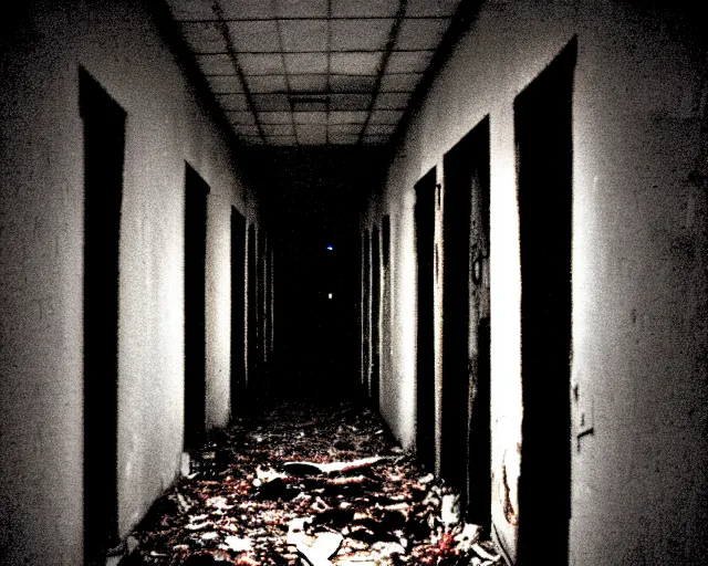 Prompt: dark abandoned hallway at night with skeletal bear, letterboxing, widescreen, 40mm tape, technicolour film, grainy, horror