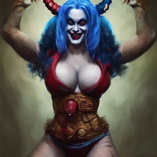 Image similar to portrait of harley quinn as a hulking herculean demon orc bugbear clown queen, forest, godlike, upper body, fantasy, intricate, elegant, highly detailed, digital painting, artstation, concept art, sharp focus, illustration, art by artgerm and greg rutkowski and alphonse mucha