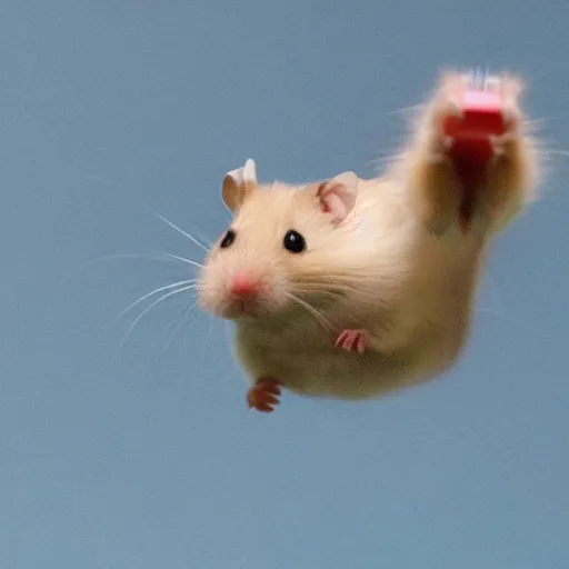 Image similar to a photo of a hamster flying using a jetpack while launching missiles at the camera