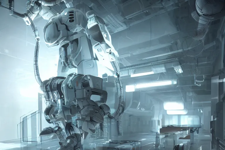 Image similar to parallax datacenter server room single mono colossus white rusty android robosaurus four - armed in artstation cinematic detailed concept art volumetric light sharp coherent cgsociety very very realistic