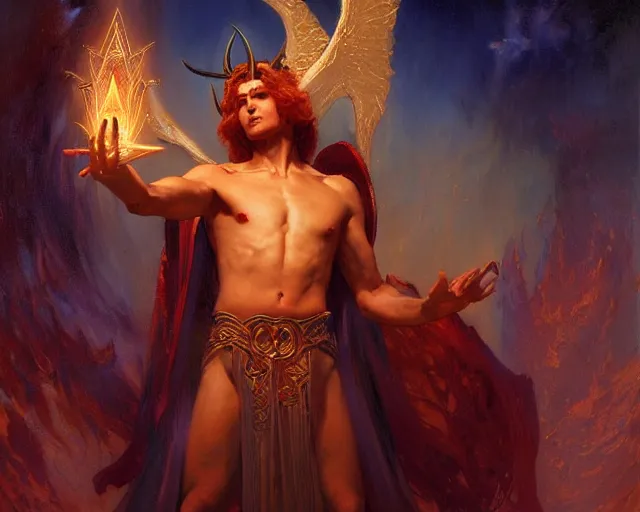 Image similar to attractive male deity, casting demonic magic, summoning handsome lucifer morning star. highly detailed painting by gaston bussiere, craig mullins, j. c. leyendecker 8 k