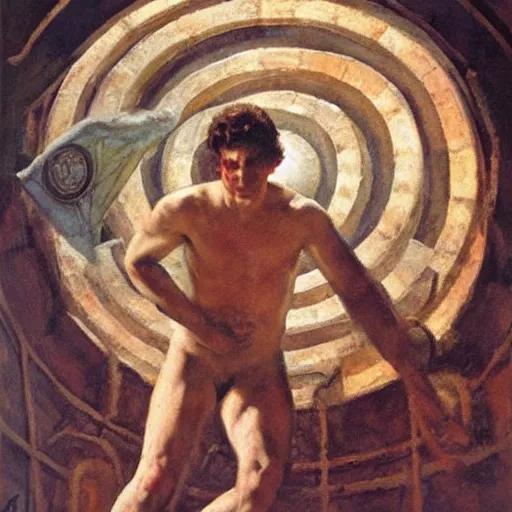 Prompt: perseus lost in a labyrinth, by dean cornwell,