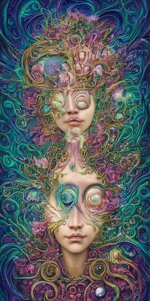 Image similar to a beautiful surrealist painting of deep dimensional realms of universal consciousness a beautiful face emerges with their third eye wide open by hanna yata, geenss archenti flores, digital art