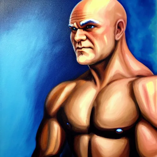 Prompt: painting of mr. clean cosplaying as gigachad, completely white eyes, blank eyes