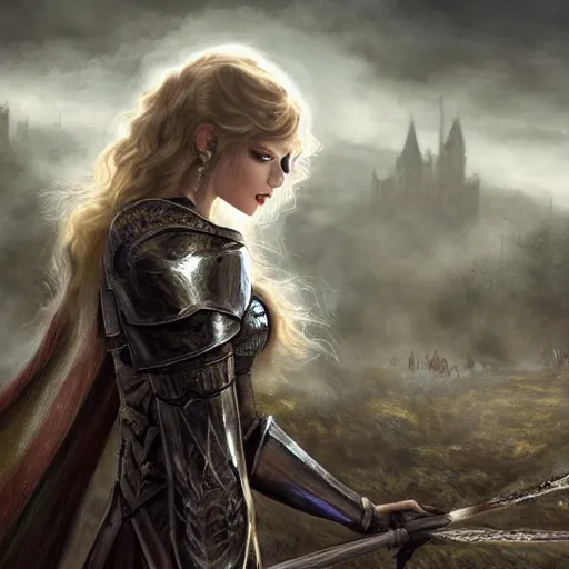 Image similar to the picture of taylor swift in a knight armor, epic fantasy art, mystical, mystic atmosphere, mythology, photo realistic, high detail, ultra realistic, hyper realistic, high definiton, 4 k uhd,