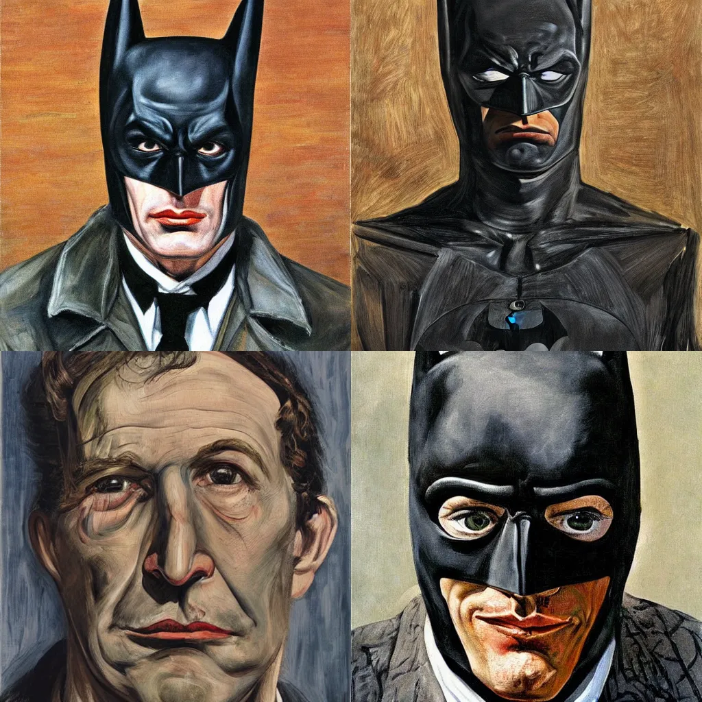 Image similar to portrait of batman painted by lucian freud