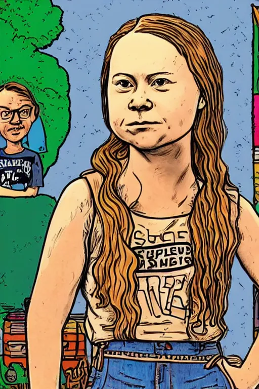 Prompt: greta thunberg as a cute robert crumb cartoon, head and shoulders