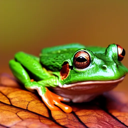 Image similar to a frog with a microphone for a head sitting on a wet leaf, nature photography, high resolution 8k, animal,