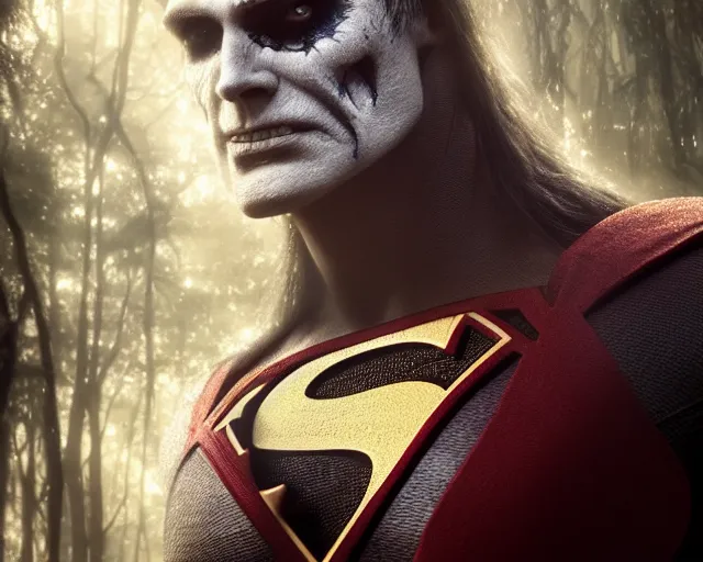 Image similar to 5 5 mm portrait photo of a undead superman in a magical forest. magical atmosphere. art by greg rutkowski and luis royo. highly detailed 8 k. intricate. lifelike. soft light. nikon d 8 5 0.