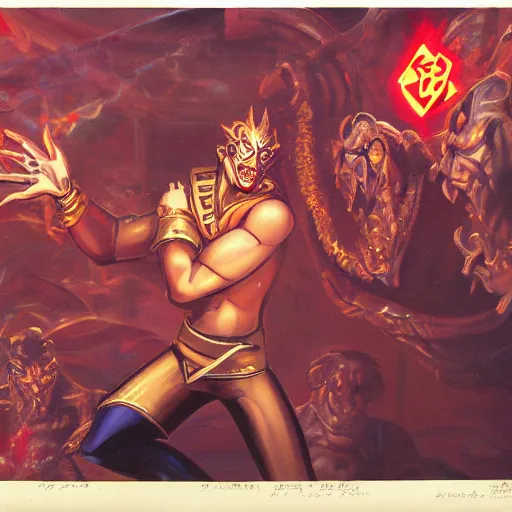 Image similar to a charismatic solid gold demon in a fantasy gambling den, red mist surrounding, studio gibli