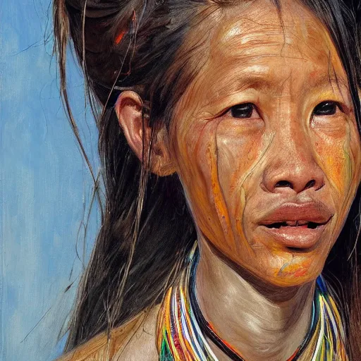 Prompt: high quality high detail painting by jenny saville, hd, a skinny beautiful kayan female tribe leader, hair in wind, photorealistic lighting
