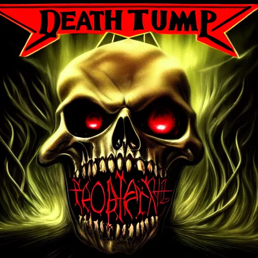 Prompt: ( a death metal album cover ) ( ( of donald trump ) with laser eyes ) ( trending on artstation )