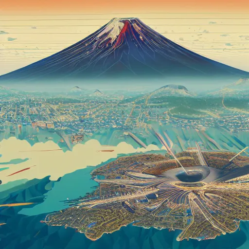 Prompt: a highly detailed matte painting of retro futurist mount fuji hosting the olympics, aerial photography, ultrawide lens, by dan mumford, yusuke murata, makoto shinkai, ross tran, cosmic, heavenly, god rays, intricate detail, cinematic, 8 k, cel shaded, unreal engine, featured on artstation, pixiv